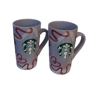 Set Of 2 Starbucks 16 Oz Latte Mugs With Red Swirl Design